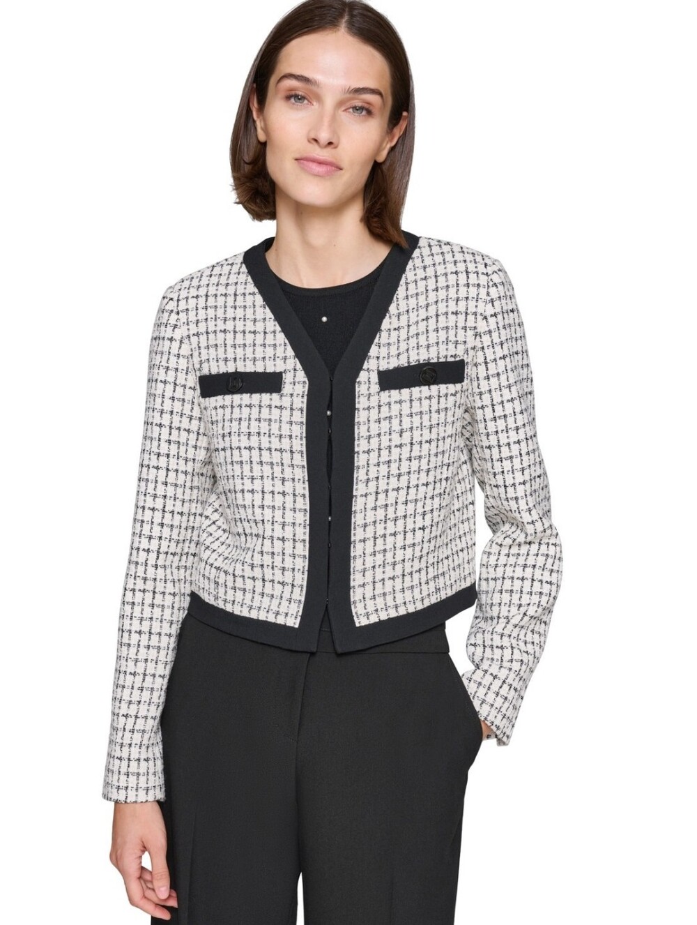 Karl Lagerfeld Black and Off White Tweed Cropped Jacket